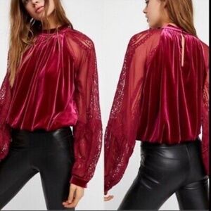 Free People Raspberry Velvet Lace Dream Team Balloon Sleeve Top